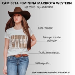 Camiseta Feminina Marikota Western Manga Curta Off White Estampa Cowgirl Ref:M2025-001