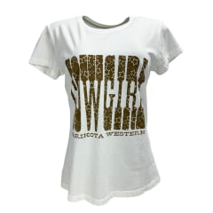 Camiseta Feminina Marikota Western Manga Curta Off White Estampa Cowgirl Ref:M2025-001
