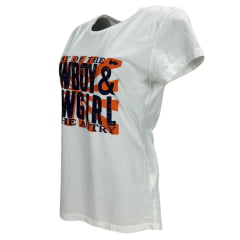 Camiseta Feminina Marikota Western Off White Manga Curta Estampa Cowboy E Cowgirl Ref:M2025-006