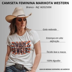 Camiseta Feminina Marikota Western Off White Manga Curta Estampa Cowboy E Cowgirl Ref:M2025-006