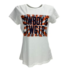 Camiseta Feminina Marikota Western Off White Manga Curta Estampa Cowboy E Cowgirl Ref:M2025-006