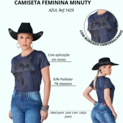 Camiseta Feminina Minuty T-Shirt Manga Curta Azul Com Brilho Cavalo Ref:1429