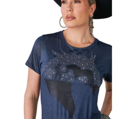 Camiseta Feminina Minuty T-Shirt Manga Curta Azul Com Brilho Cavalo Ref:1429