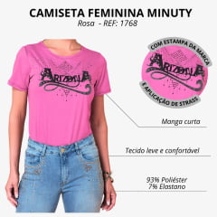 Camiseta Feminina Minuty T-shirt Thermo Manga Curta Rosa Com Estampa Arizona Cinza E Strass REF: 1768