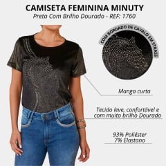 Camiseta Feminina Minuty T-shirt Thermo Manga Curta Tecido Lurex Preto Com Brilho Dourado E Bordado Cavalo REF: 1760