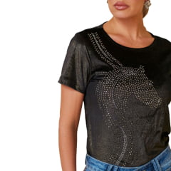 Camiseta Feminina Minuty T-shirt Thermo Manga Curta Tecido Lurex Preto Com Brilho Dourado E Bordado Cavalo REF: 1760