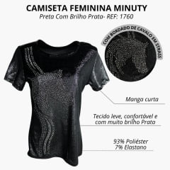 Camiseta Feminina Minuty T-shirt Thermo Manga Curta Tecido Lurex Preto Com Brilho Prata E Bordado Cavalo REF: 1760