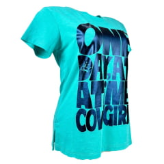 Camiseta Feminina Miss Country Azul Piscina Manga Curta Com Escrito Azul One Day Ref:3153