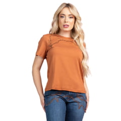 Camiseta Feminina Miss Country Blusa Caramelo Com Bordado De Strass Dourado Ref:3276