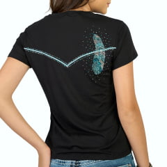 Camiseta Feminina Miss Country T-Shirt Preto Com Bordado De Pena E Pedras Ref:0844