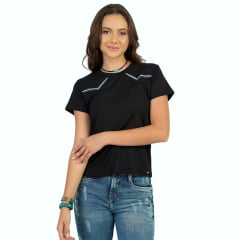 Camiseta Feminina Miss Country T-Shirt Preto Com Bordado De Pena E Pedras Ref:0844