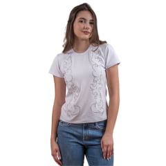 Camiseta Feminina Miss Country TShirt Branca Manga Curta Com Bordado Branco E Strass Ref:3217