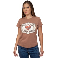 Camiseta Feminina Miss Country TShirt Cowboy Marrom Manga Curta Estampa De Coração Ref:3263