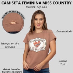 Camiseta Feminina Miss Country TShirt Cowboy Marrom Manga Curta Estampa De Coração Ref:3263