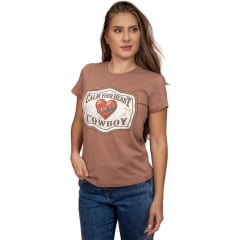 Camiseta Feminina Miss Country TShirt Cowboy Marrom Manga Curta Estampa De Coração Ref:3263