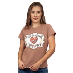 Camiseta Feminina Miss Country TShirt Cowboy Marrom Manga Curta Estampa De Coração Ref:3263