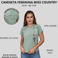 Camiseta Feminina Miss Country TShirt Verde Manga Curta Bordado Bota/Cacto/Ferradura Com Brilho Ref:3258