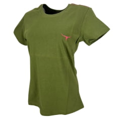 Camiseta Feminina Moiadeiros T-Shirt Verde Musgo Manga Curta E Logo Rosa Ref. CMF2292