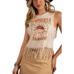 Camiseta Regata Feminina Moon Horse Cowgirl Bege Estampada Crown Franjas Ref:01.10.392