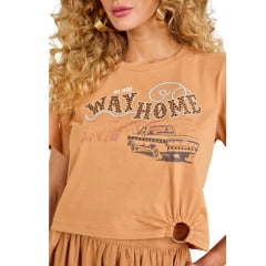 Cropped Feminino Moon Horse Way Home Caramelo Estampada Com Detalhe Brilho Ref:0111441