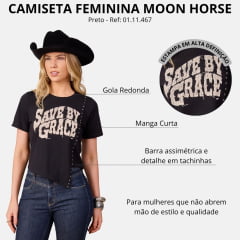 Camiseta Feminina Moon Horse Grace Preto Com Tachinhas E Estampa Emborrachada Ref: 01.12.467