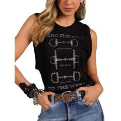 Camiseta Regata Feminina Moon Horse Preto Cavada Com Bordado Bridão Ref:01.10-391