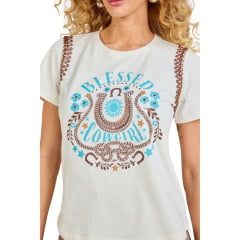 Camiseta Feminina Moon Horse T-shirt Blessed Off White Estampado Com Detalhes Pedraria Ref:0111423