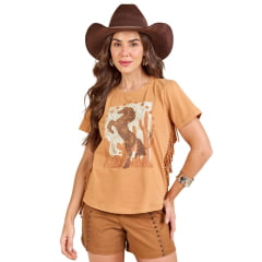 Camiseta Feminina Moon Horse T-shirt Cactus Caramelo Com Franja Estampada Ref: 01.11.420