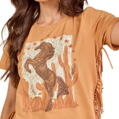 Camiseta Feminina Moon Horse T-shirt Cactus Caramelo Com Franja Estampada Ref: 01.11.420