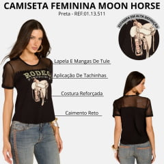 Camiseta Feminina Moon Horse T-Shirt Countryside Preta Bordado Tachinhas Manga Curta De Tule REF:01.13.511
