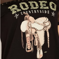Camiseta Feminina Moon Horse T-Shirt Countryside Preta Bordado Tachinhas Manga Curta De Tule REF:01.13.511
