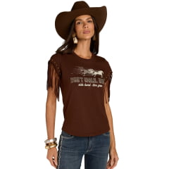 Camiseta Feminina Moon Horse T-Shirt Dont Walk Marrom Bordado Tachinhas Franjas Nas Mangas REF:01.13.513