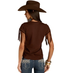 Camiseta Feminina Moon Horse T-Shirt Dont Walk Marrom Bordado Tachinhas Franjas Nas Mangas REF:01.13.513