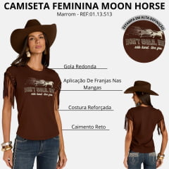Camiseta Feminina Moon Horse T-Shirt Dont Walk Marrom Bordado Tachinhas Franjas Nas Mangas REF:01.13.513