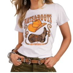 Camiseta Feminina Moon Horse T-shirt Hats E Boots Branco Estampada Chapéu E Bota Ref: 01.10.379