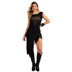 Camiseta Feminina Moon Horse T-shirt Long Luxury Preta Estampada Bordado Dourado Franja Ref: 01.10.316