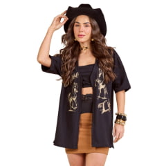 Camiseta Feminina Moon Horse T-shirt Over Horse Life Preto Aberta Com Top Estampada Pedraria Ref:0111431