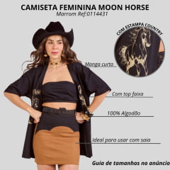Camiseta Feminina Moon Horse T-shirt Over Horse Life Preto Aberta Com Top Estampada Pedraria Ref:0111431