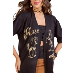 Camiseta Feminina Moon Horse T-shirt Over Horse Life Preto Aberta Com Top Estampada Pedraria Ref:0111431