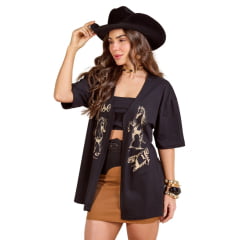 Camiseta Feminina Moon Horse T-shirt Over Horse Life Preto Aberta Com Top Estampada Pedraria Ref:0111431