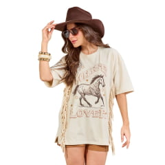 Camiseta Feminina Moon Horse T-shirt Over Horse Love Bege Estampada Com Brilhos E Franja Ref:0111445