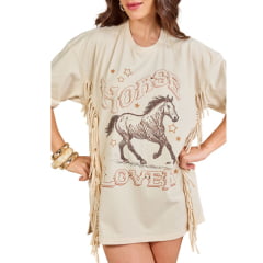 Camiseta Feminina Moon Horse T-shirt Over Horse Love Bege Estampada Com Brilhos E Franja Ref:0111445