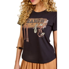 Camiseta Feminina Moon Horse T-shirt Ranch Preto Estampada Com Detalhes Pedraria Ref:0111446