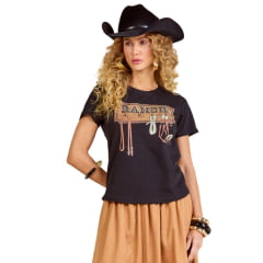 Camiseta Feminina Moon Horse T-shirt Ranch Preto Estampada Com Detalhes Pedraria Ref:0111446