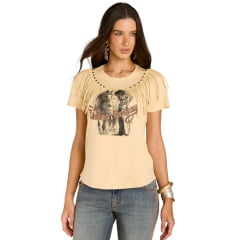 Camiseta Feminina Moon Horse T-Shirt Rodeo Dreams Amarelo Creme Bordado Tachinhas E Franja - REF:01.13.526 Camiseta Feminina Moon Horse T-Shirt Rodeo Dreams Amarelo Creme Bordado Tachinhas E Franja - REF:01.13.526