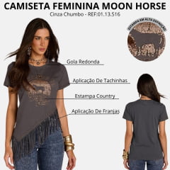 Camiseta Feminina Moon Horse T-Shirt Rodeo Fest Franjas Cinza Chumbo Bordados Tachinhas Bronze REF:01.13.516