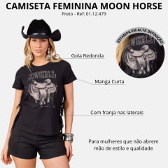 Camiseta Feminina Moon Horse T-Shirt Sela E Brilho Manga Curta Preto Com Franjas Ref: 01.12.479
