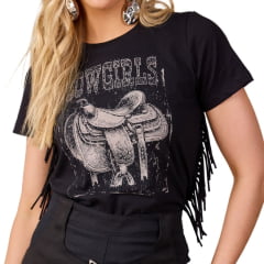 Camiseta Feminina Moon Horse T-Shirt Sela E Brilho Manga Curta Preto Com Franjas Ref: 01.12.479