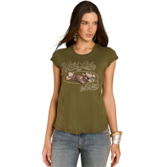 Camiseta Feminina Moon Horse T-Shirt Three Hats Verde Militar Estampa Chapéus Com Brilho REF:01.13.528 Camiseta Feminina Moon Horse T-Shirt Three Hats Verde Militar Estampa Chapéus Com Brilho REF:01.13.528