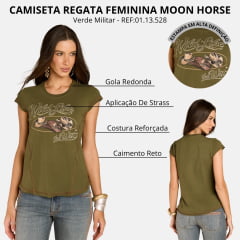 Camiseta Feminina Moon Horse T-Shirt Three Hats Verde Militar Estampa Chapéus Com Brilho REF:01.13.528